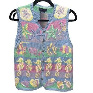 Eagles Eye Vintage 90s Seahorse Storybook Knit Vest Pastel Nautical Cardigan M